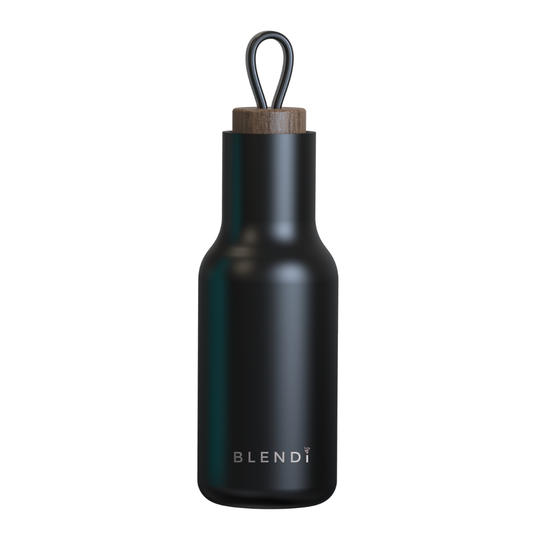 Hydroluxe Tumbler Water Bottle in four colors, showcasing its stainless steel design and natural wood lid.