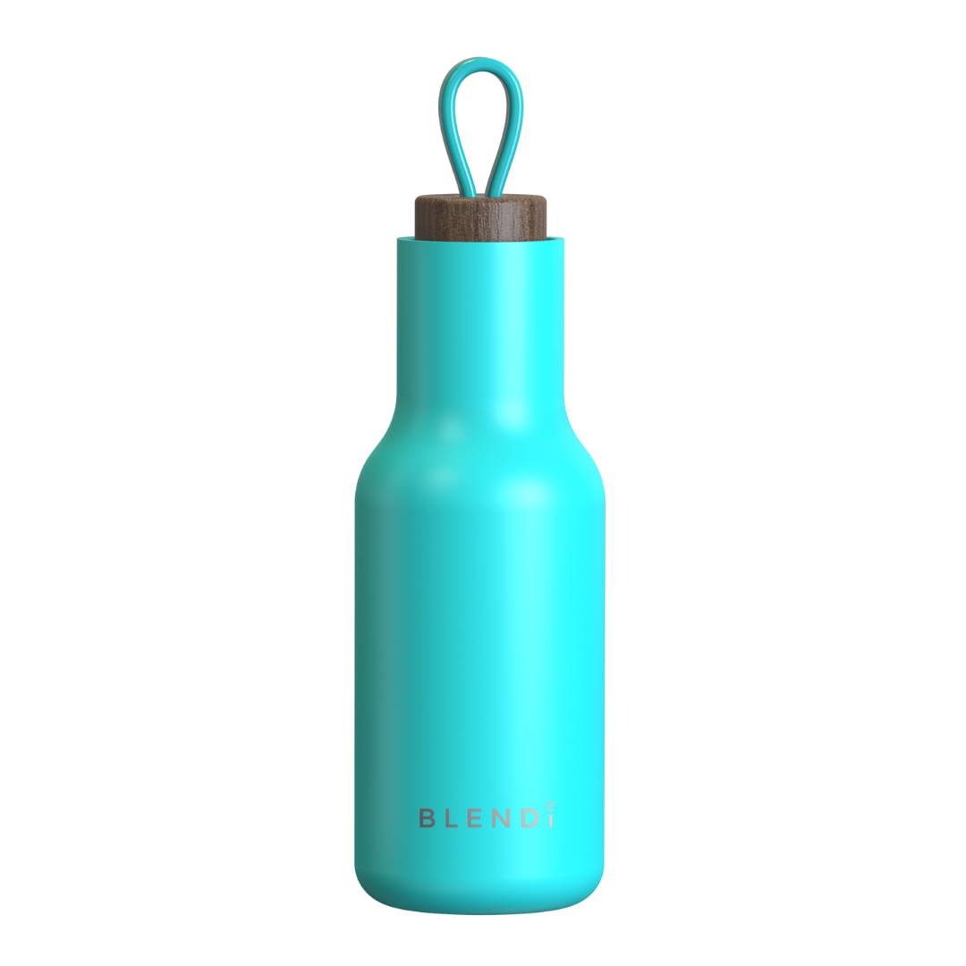 Hydroluxe Tumbler Water Bottle in four colors, showcasing its stainless steel design and natural wood lid.