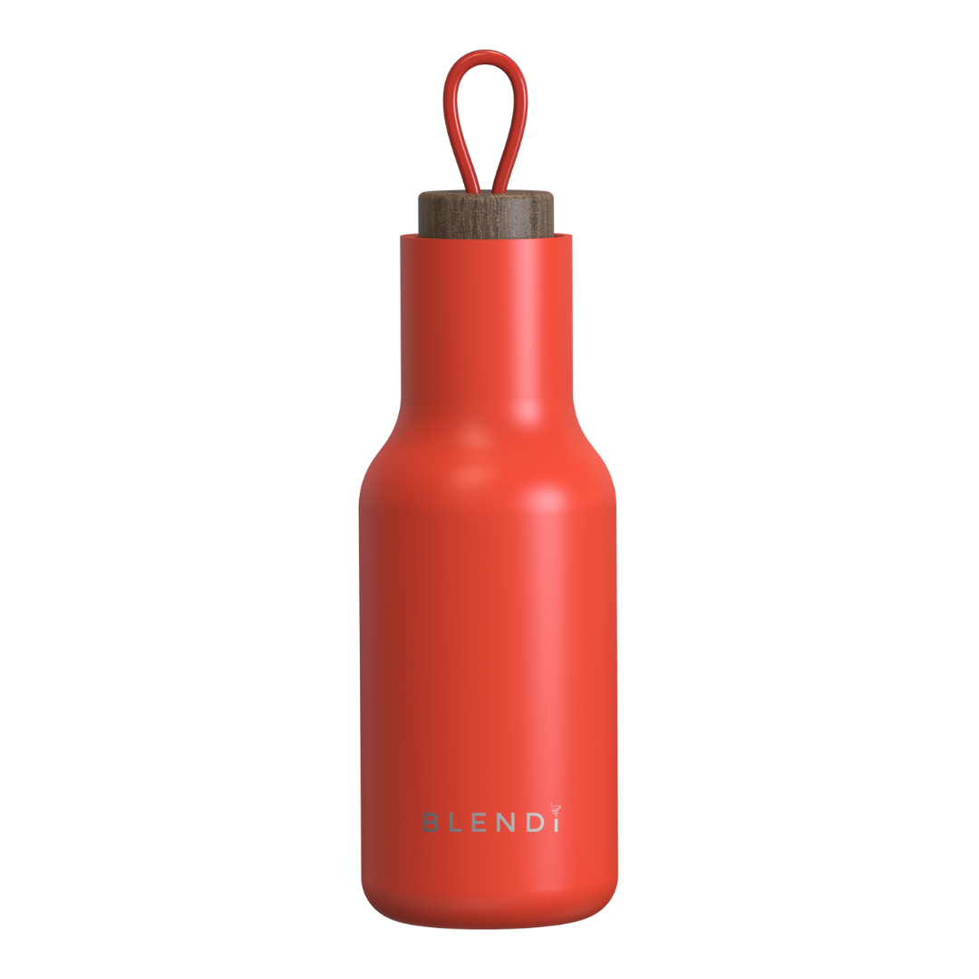 Hydroluxe Tumbler Water Bottle in four colors, showcasing its stainless steel design and natural wood lid.