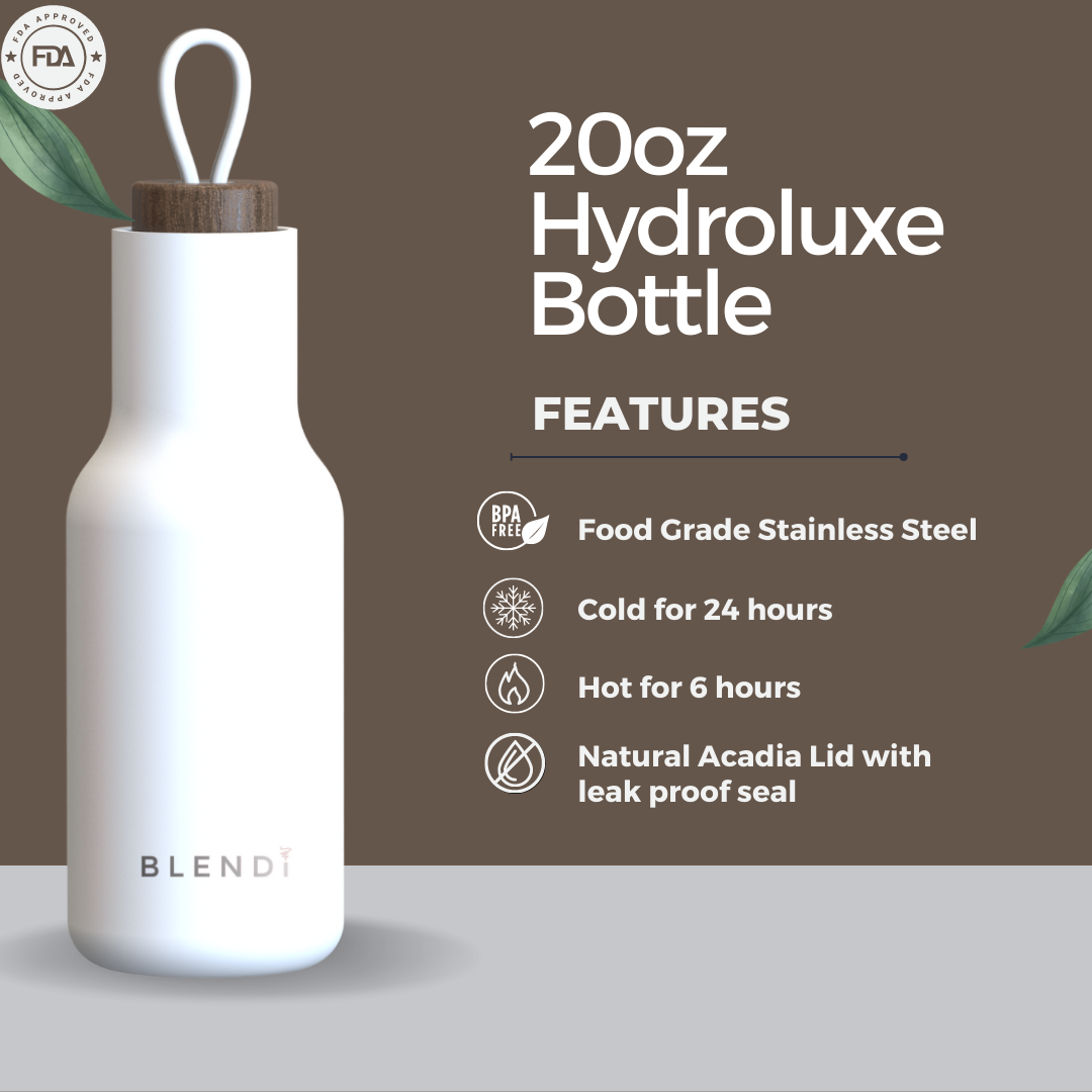 Hydroluxe Tumbler Water Bottle in four colors, showcasing its stainless steel design and natural wood lid.