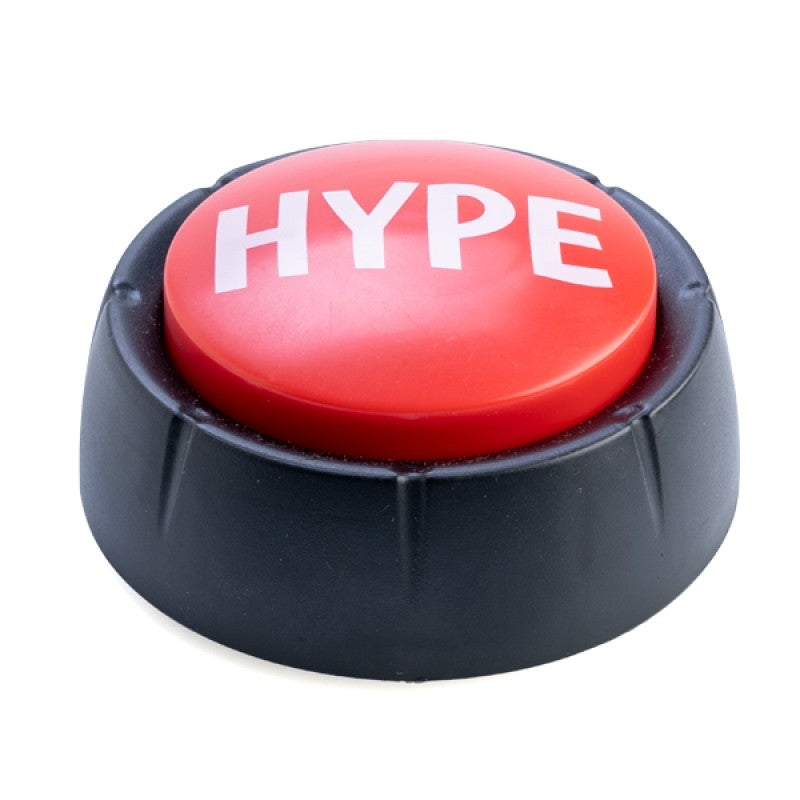 A colorful Hype Button designed to produce an iconic air horn sound effect, perfect for parties and celebrations.