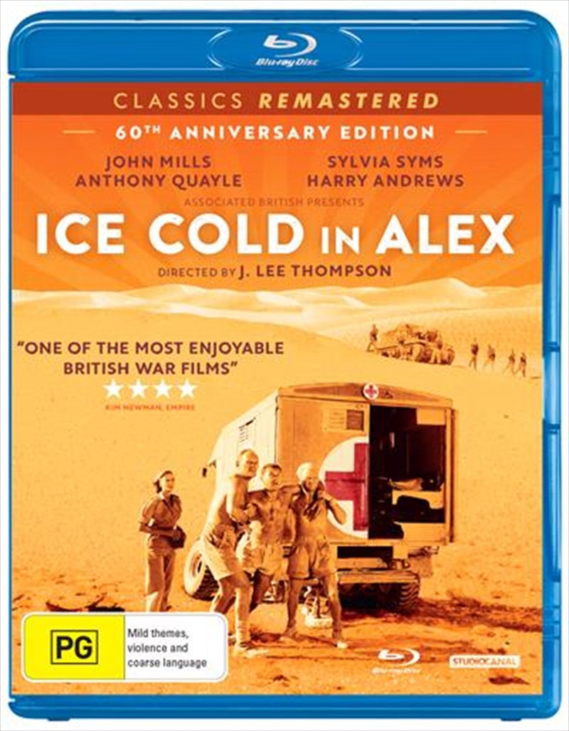 Blu-ray cover of 'Ice Cold In Alex', featuring desert scenes and army personnel in WWII attire.