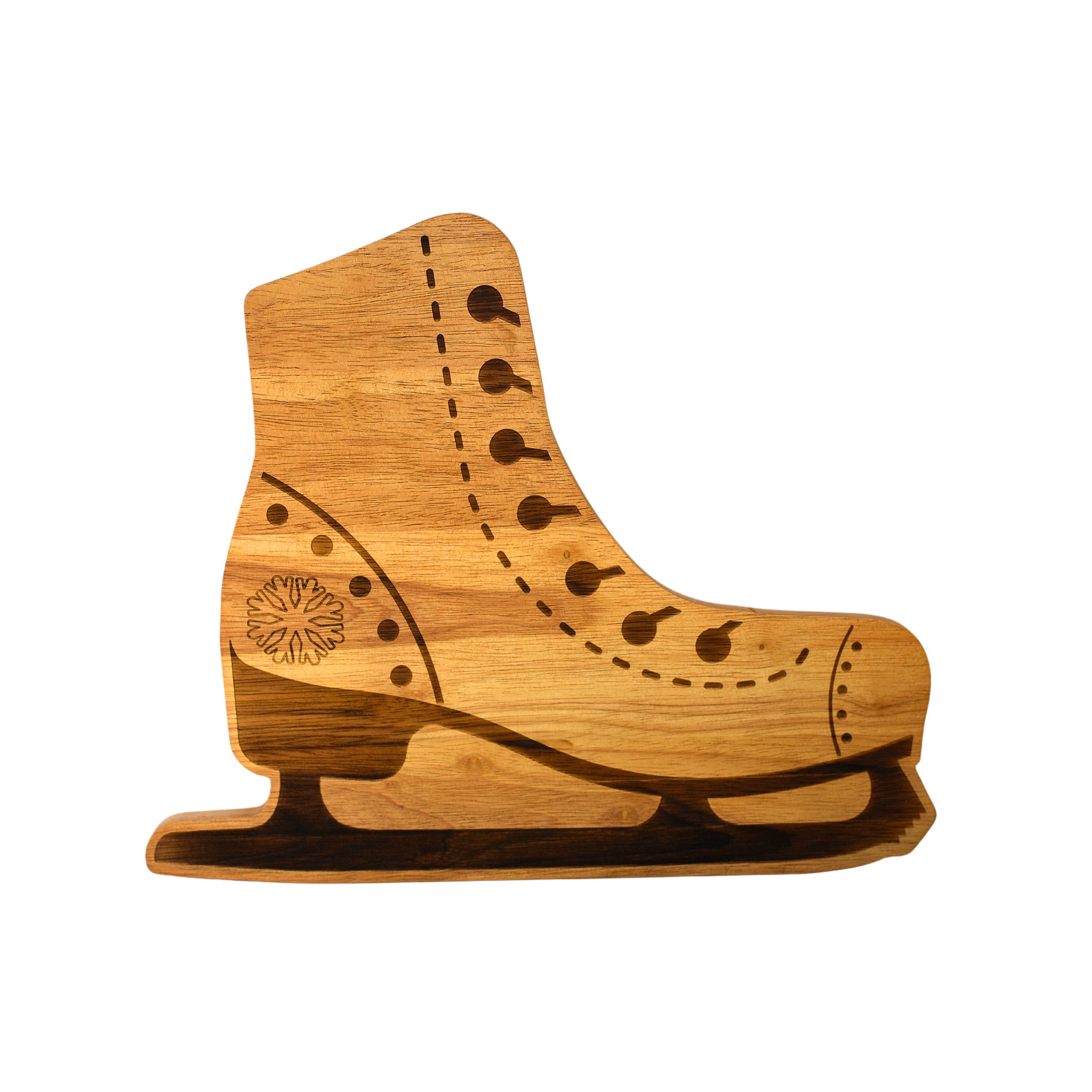 Ice Skates Wood Board measuring 12.5" x 15", featuring a sports-themed design made of high-quality bamboo, perfect for charcuterie and tailgating.