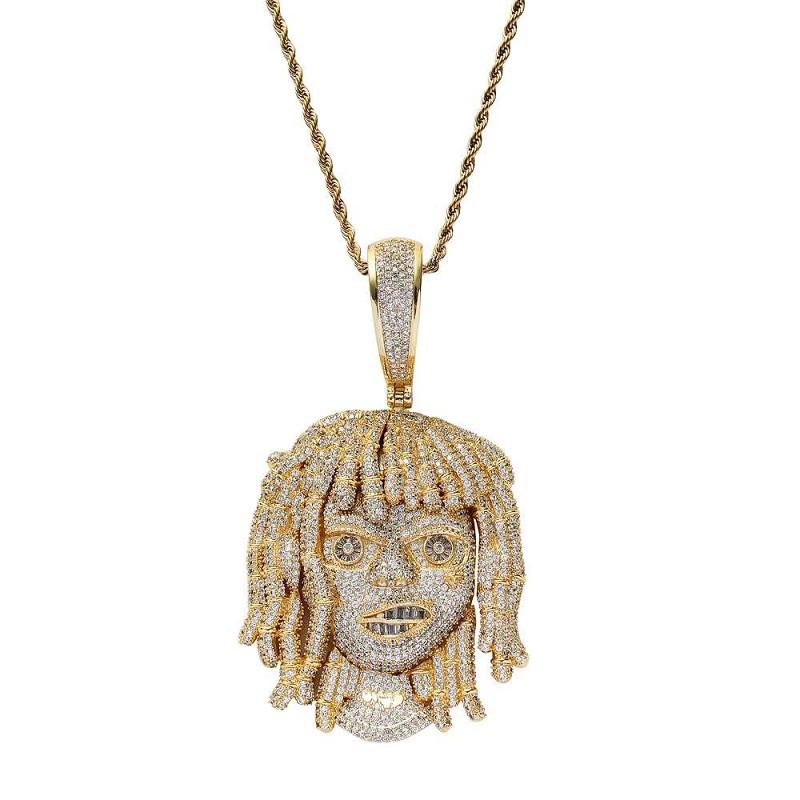 Iced out cartoon boy pendant necklace for men, featuring 18K gold plating and a stainless steel chain, perfect for hip hop fashion.