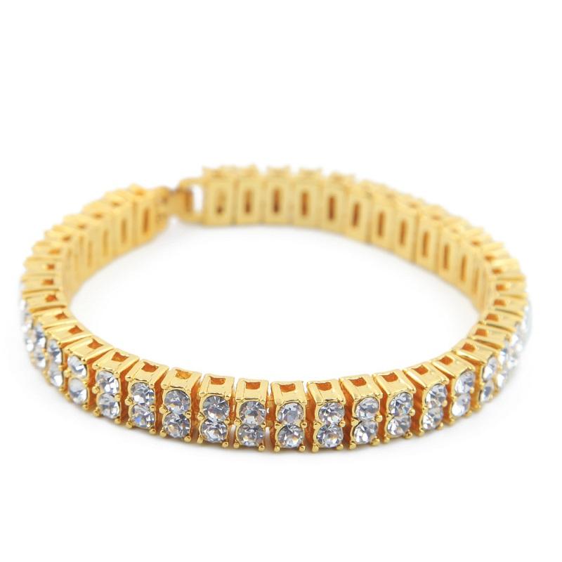 Iced Out Chain Bracelet for Men featuring gold plating and double row rhinestones, showcasing its luxurious design and craftsmanship.