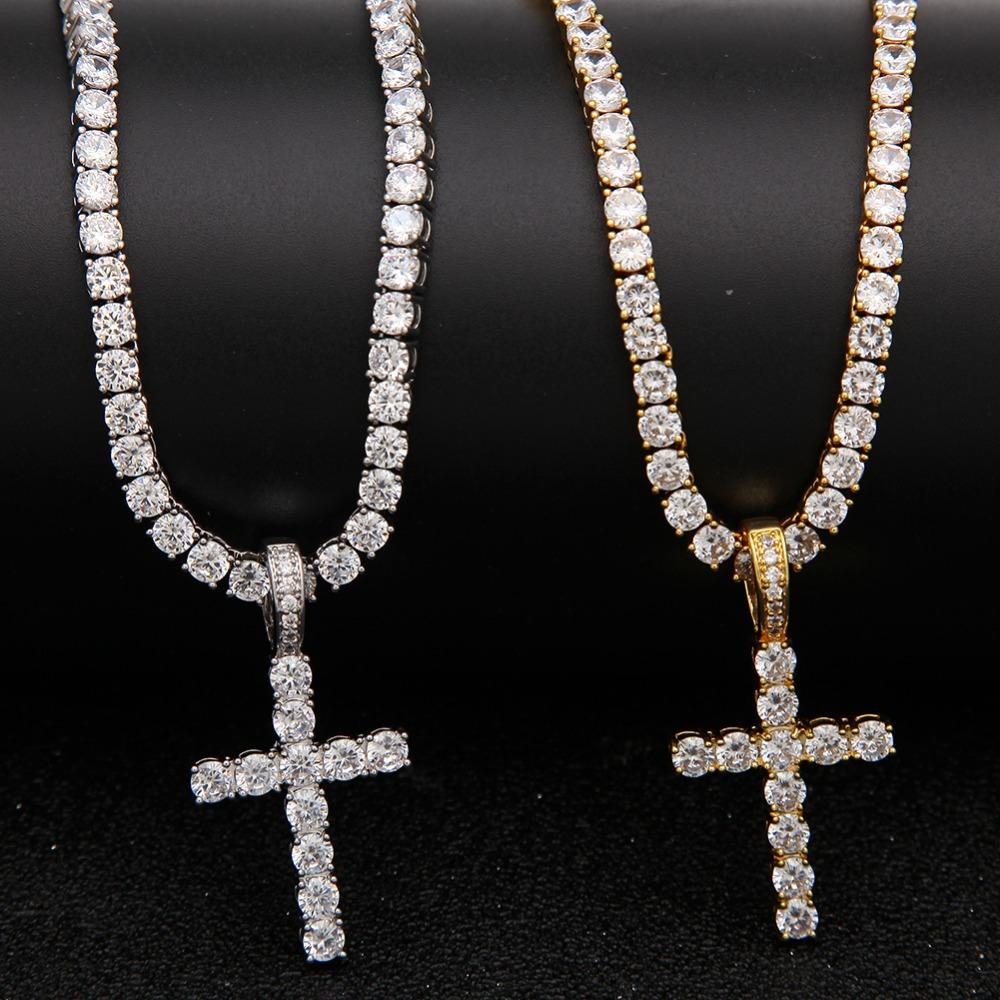 Iced Out Zircon Cross Pendant with 4mm Tennis Chain Necklace, showcasing sparkling cubic zirconia stones and a stylish design suitable for men and women.