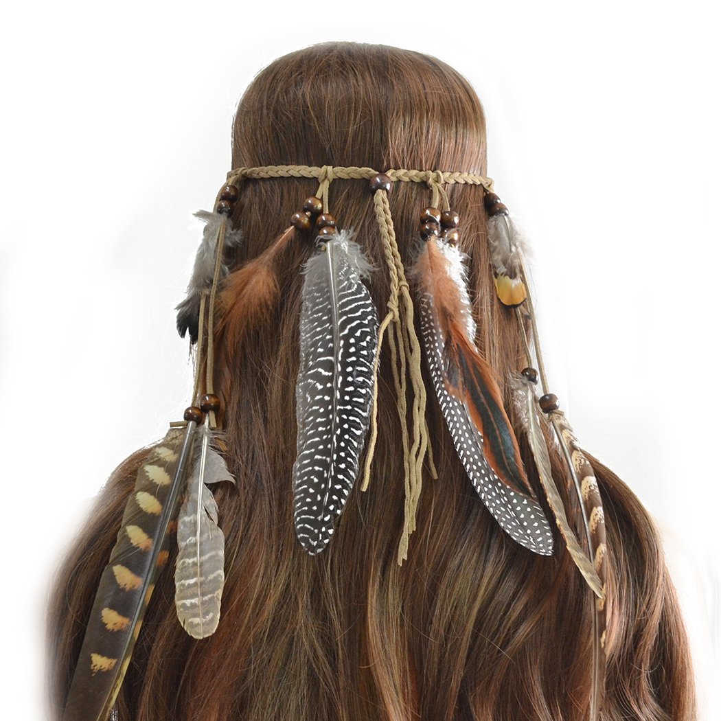 Idealway Handmade Leather Rope Brown Feather Headband featuring bohemian style with wood beads and feather accents.