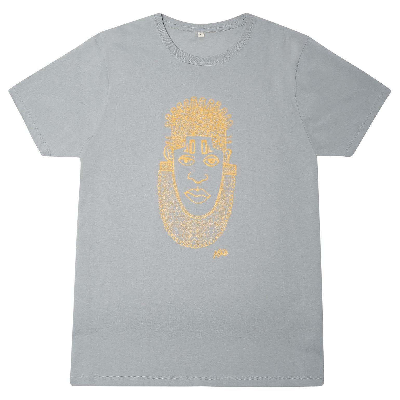 IDIA Art Earth Positive Tee in Gold on Grey featuring a contemporary design of Queen IDIA from the Benin Kingdom, made from 100% organic cotton.