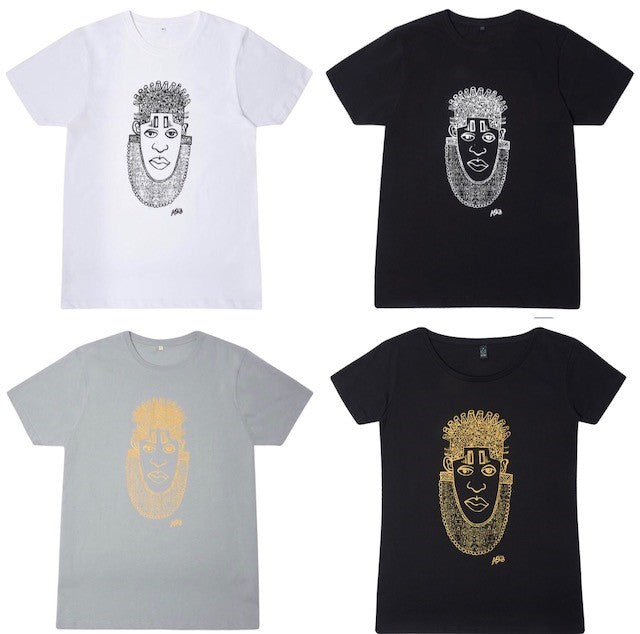 IDIA Art Earth Positive Tee in Gold on Grey featuring a contemporary design of Queen IDIA from the Benin Kingdom, made from 100% organic cotton.