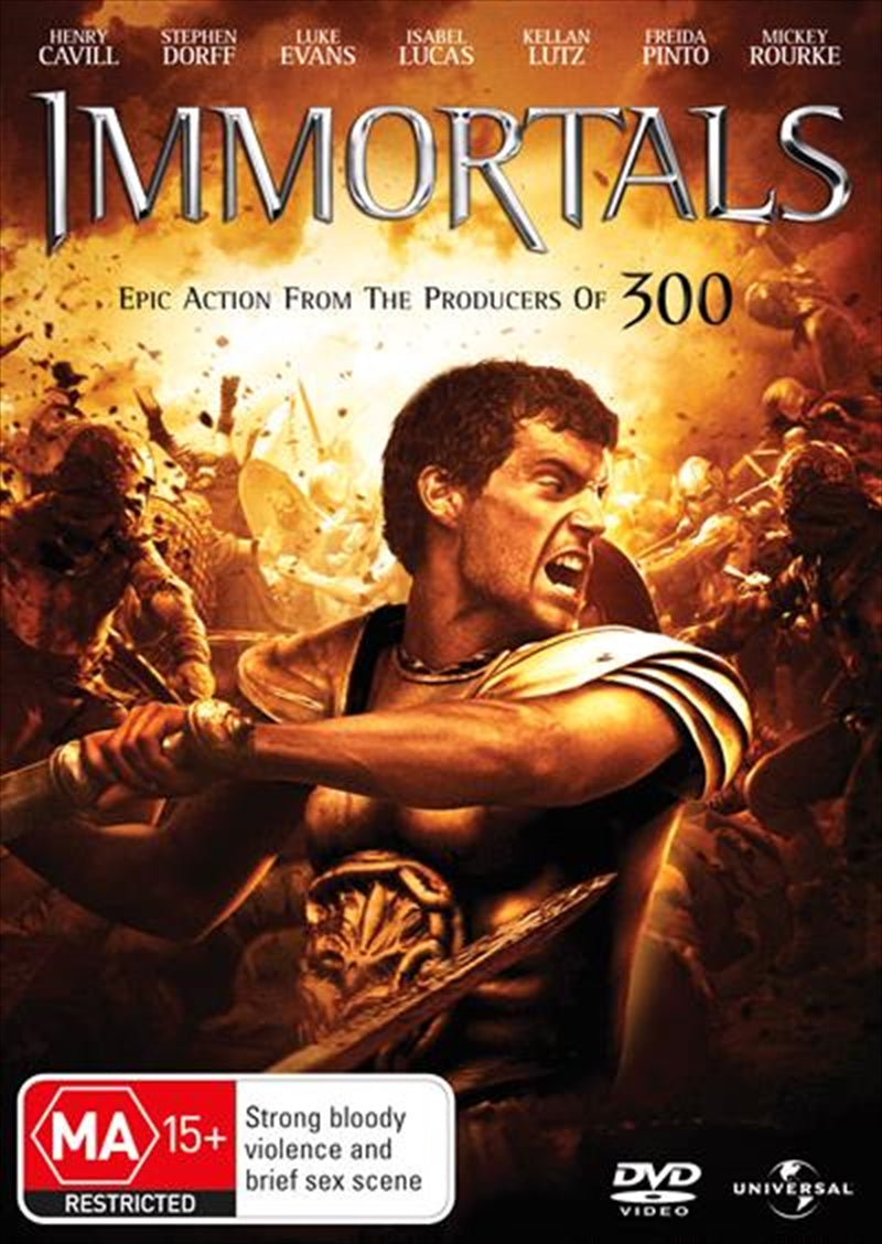 Immortals DVD cover featuring epic artwork and characters from the film.