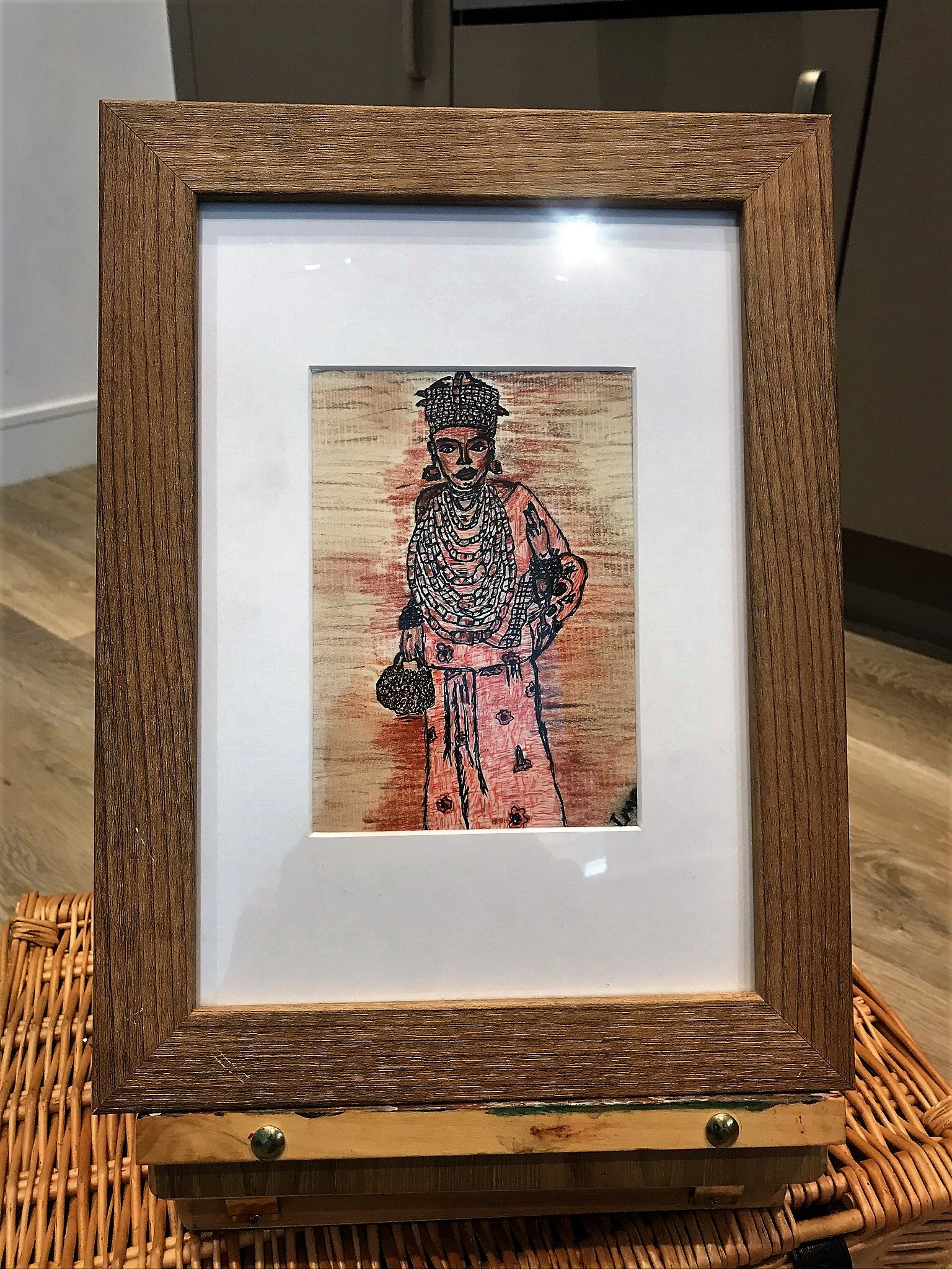 IMOSE Pen and Charcoal Pencils art depicting an Edo bride in traditional attire with a rustic frame.