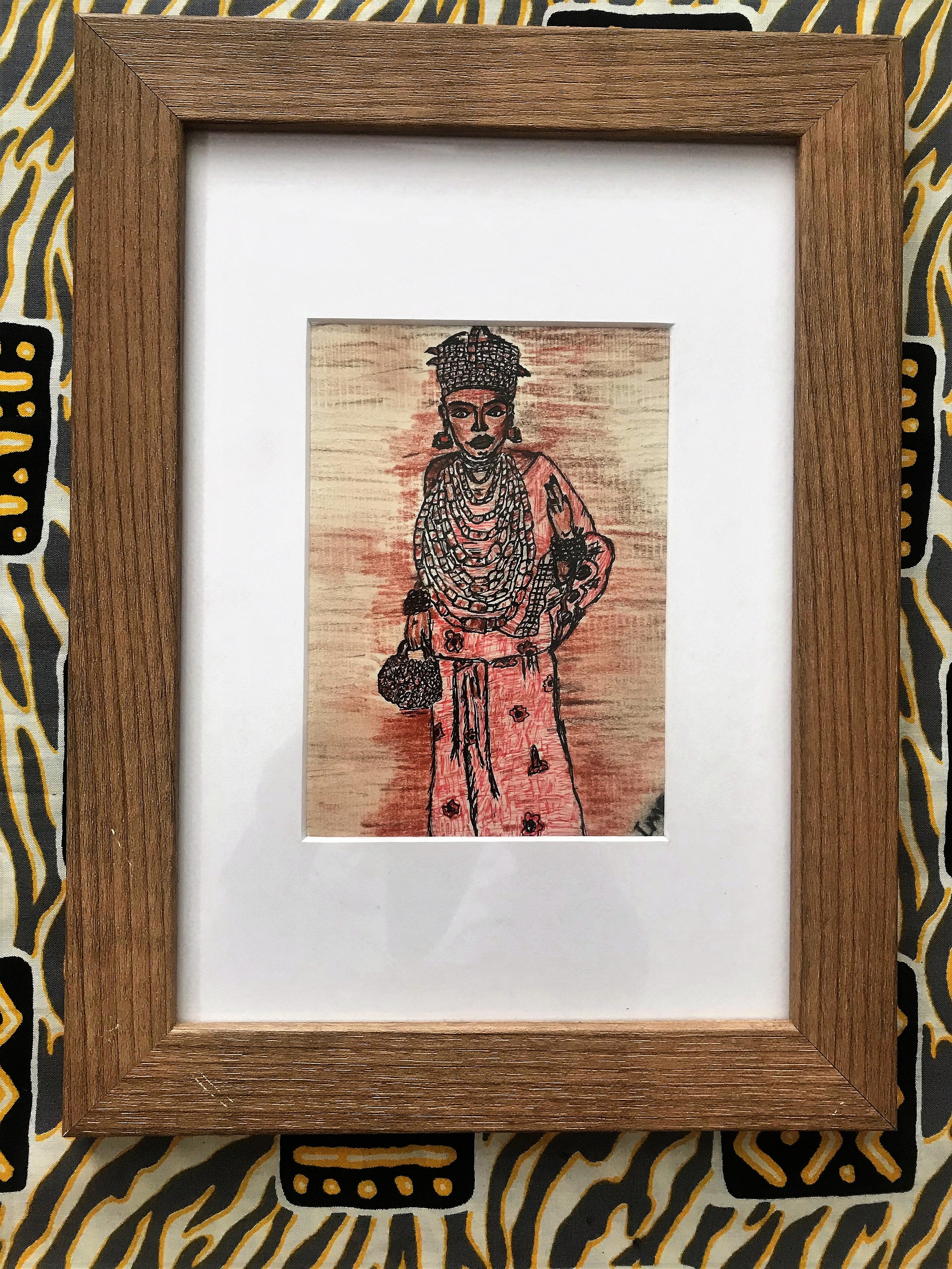 IMOSE Pen and Charcoal Pencils art depicting an Edo bride in traditional attire with a rustic frame.