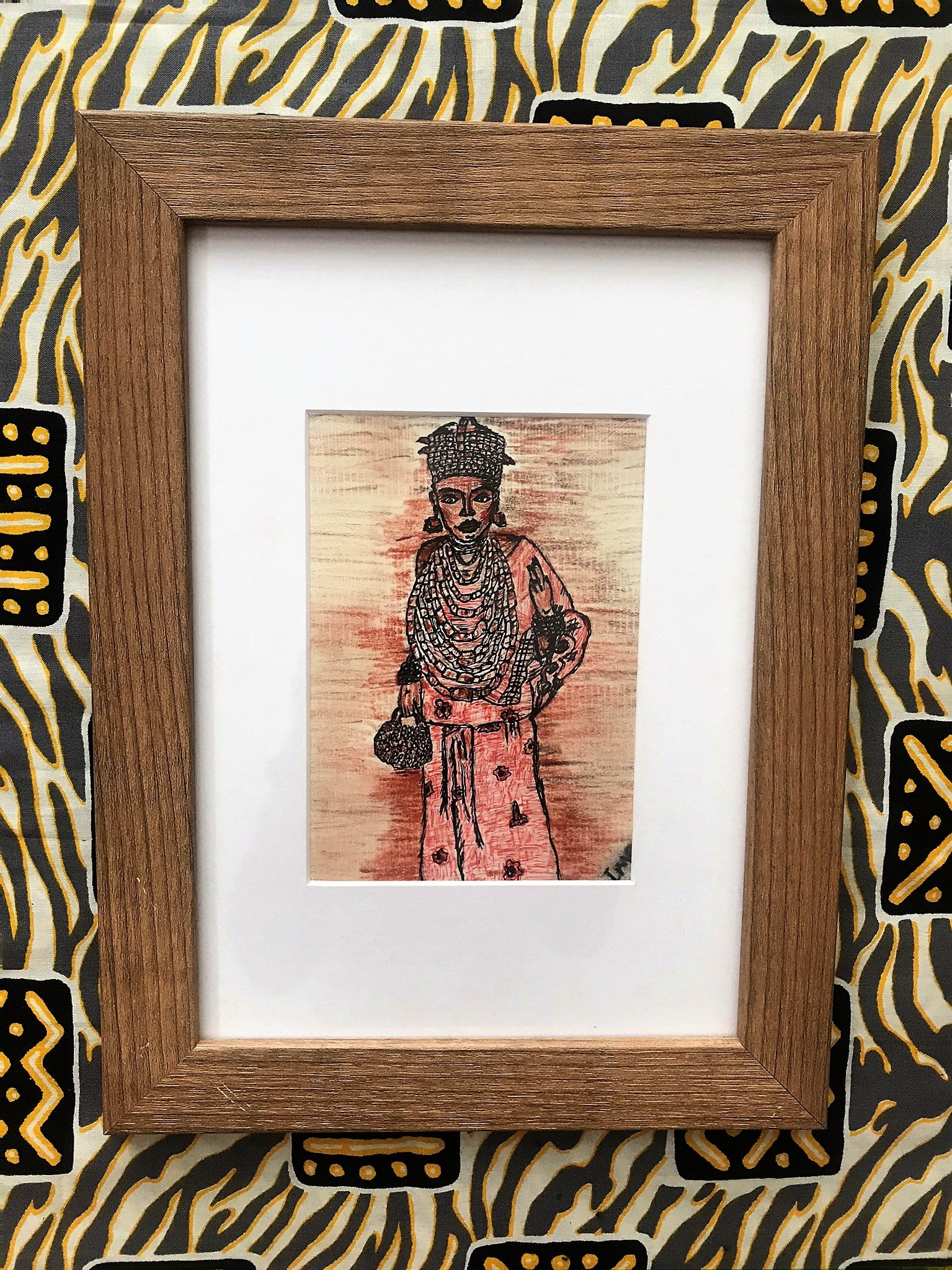 IMOSE Pen and Charcoal Pencils art depicting an Edo bride in traditional attire with a rustic frame.