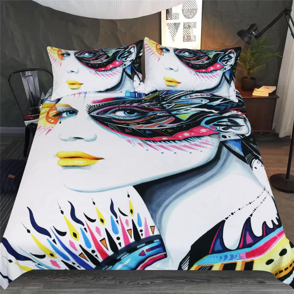 Bedspread with colorful abstract face.