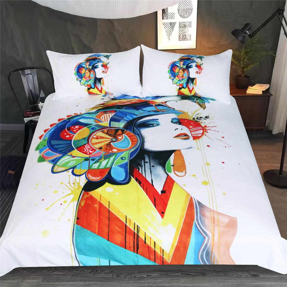 Colorful abstract portrait bed set.