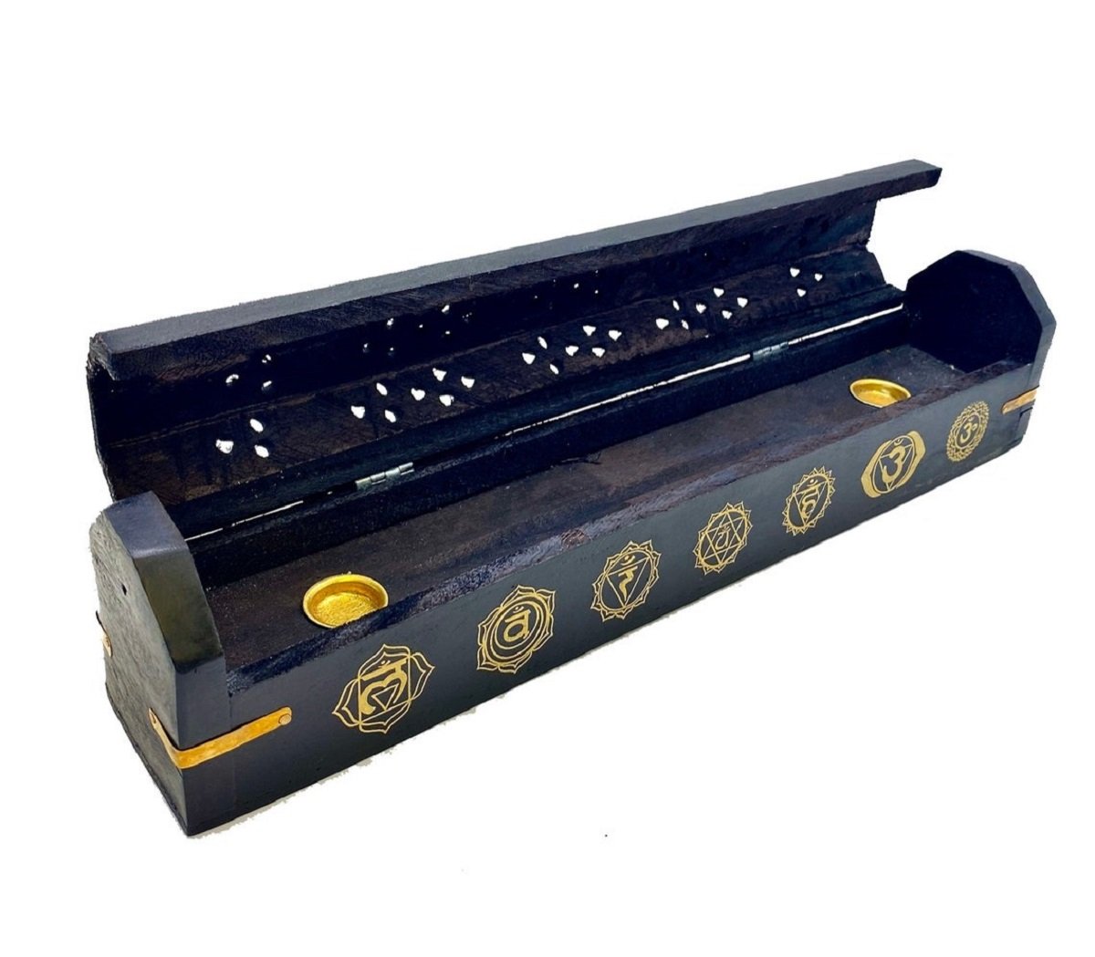 Chakra Design Incense Burner wooden box ash catcher with intricate carvings and vents for aromatic smoke.