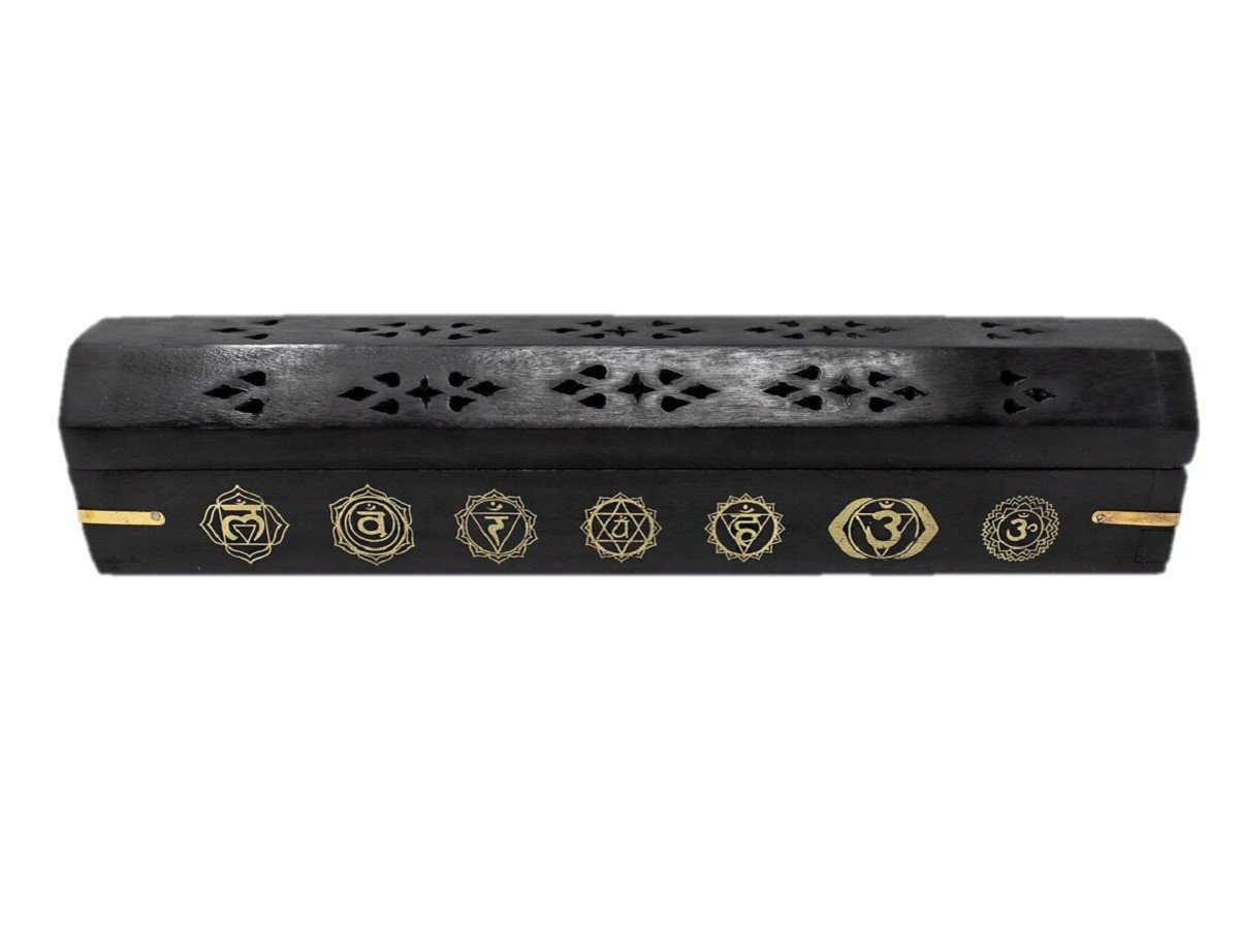 Chakra Design Incense Burner wooden box ash catcher with intricate carvings and vents for aromatic smoke.