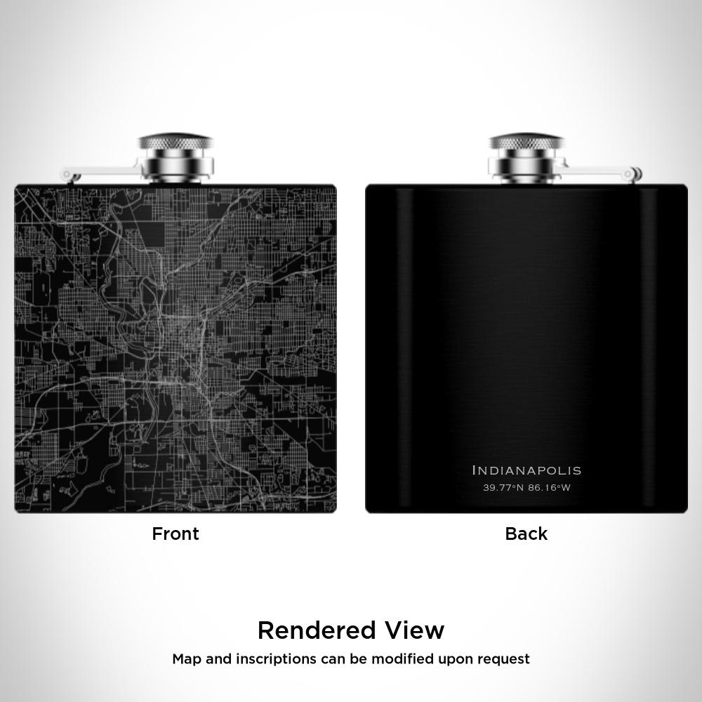 Matte black hip flask featuring a custom engraved map of Indianapolis, Indiana, with coordinates, accompanied by a canvas bag and funnel.