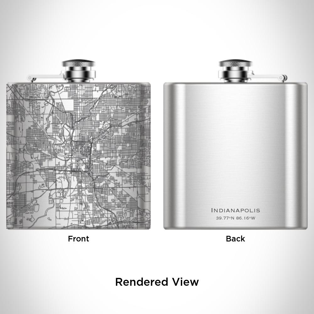 Custom engraved 6oz hip flask featuring a detailed map of Indianapolis, Indiana, with coordinates, presented with a canvas bag and funnel.