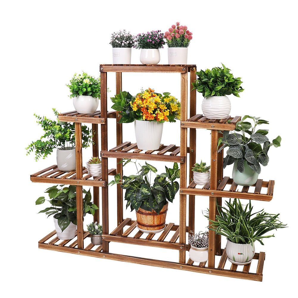 Indoor 9 tier wooden plant stand showcasing various plants, made of solid pine wood with a natural brown finish.