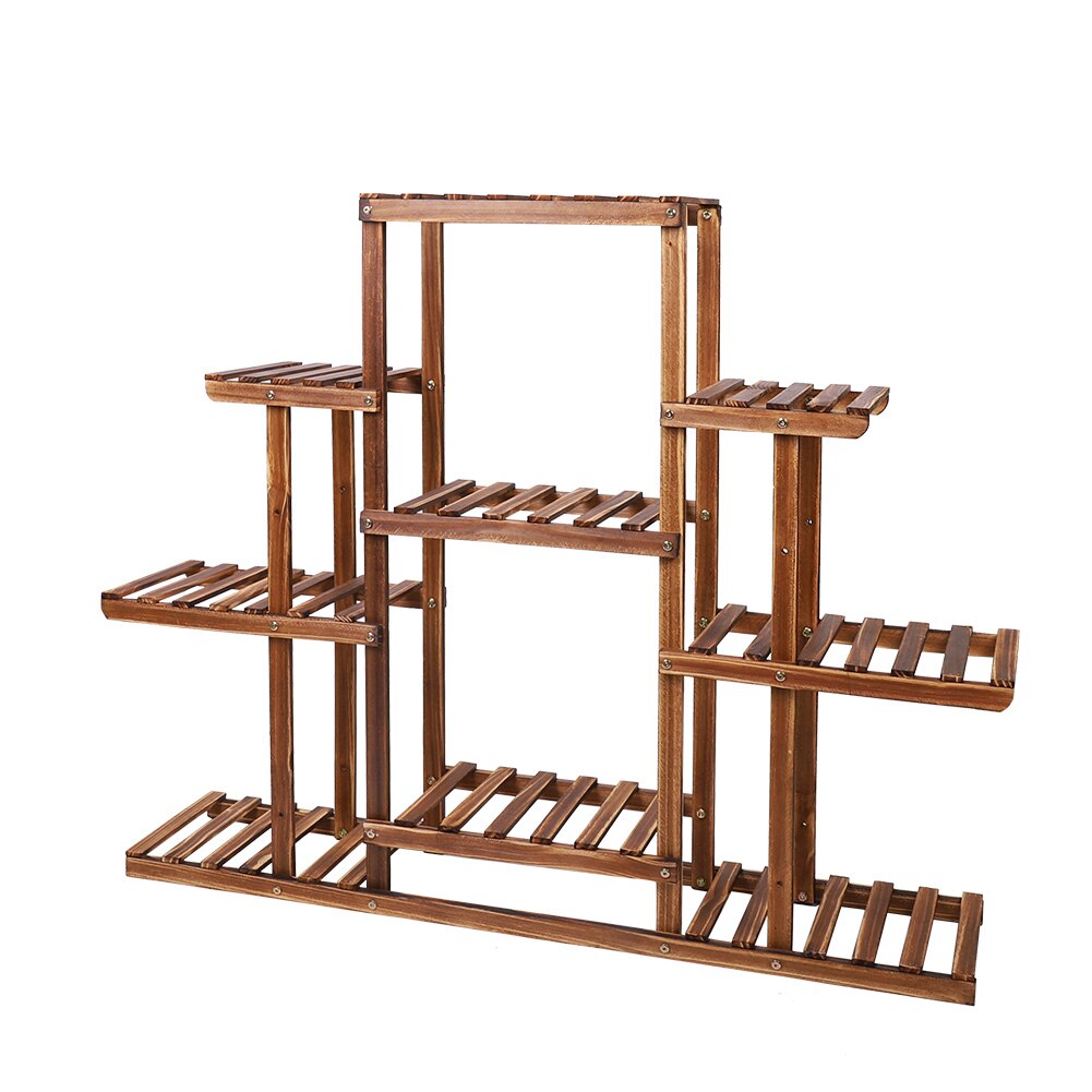 Indoor 9 tier wooden plant stand showcasing various plants, made of solid pine wood with a natural brown finish.