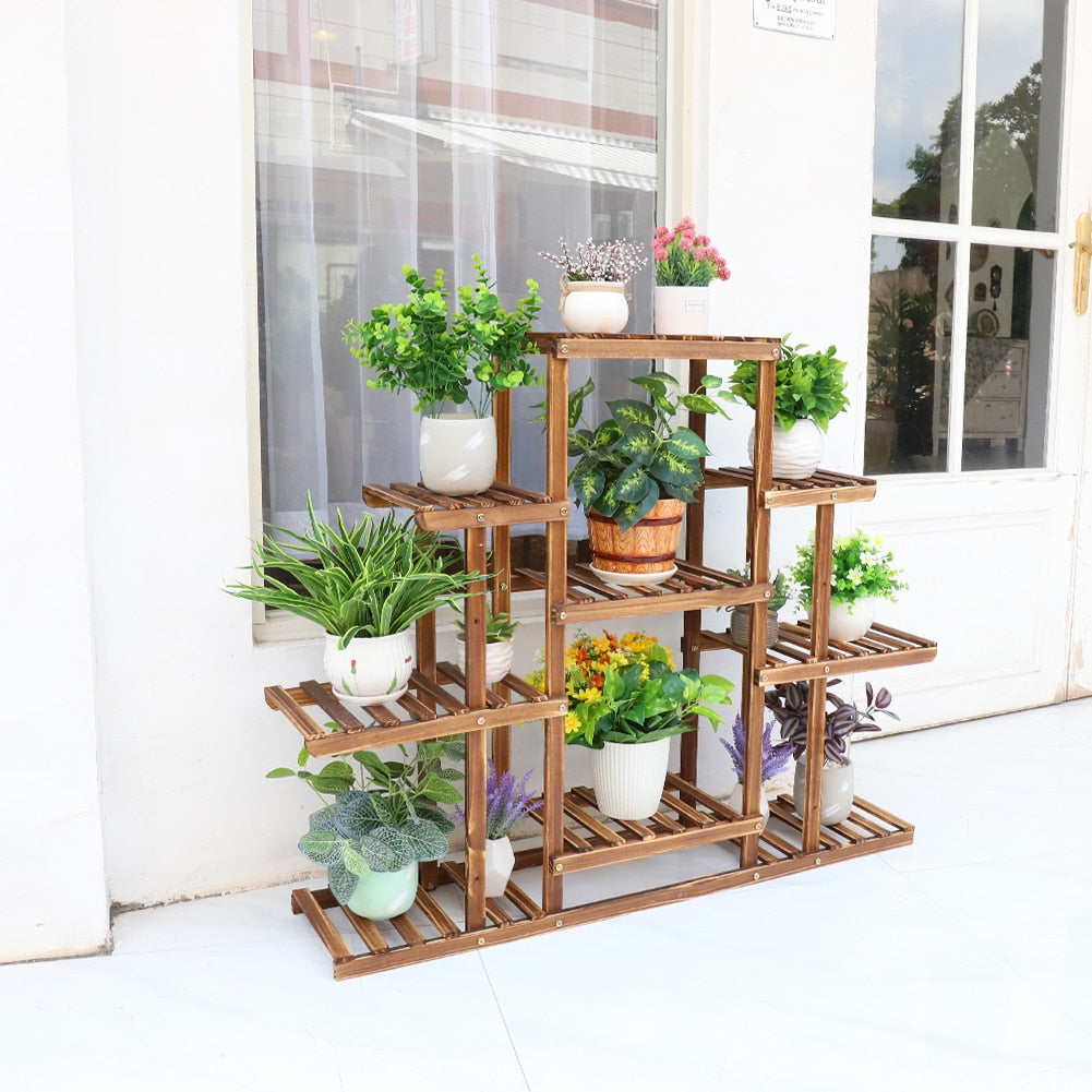 Indoor 9 tier wooden plant stand showcasing various plants, made of solid pine wood with a natural brown finish.