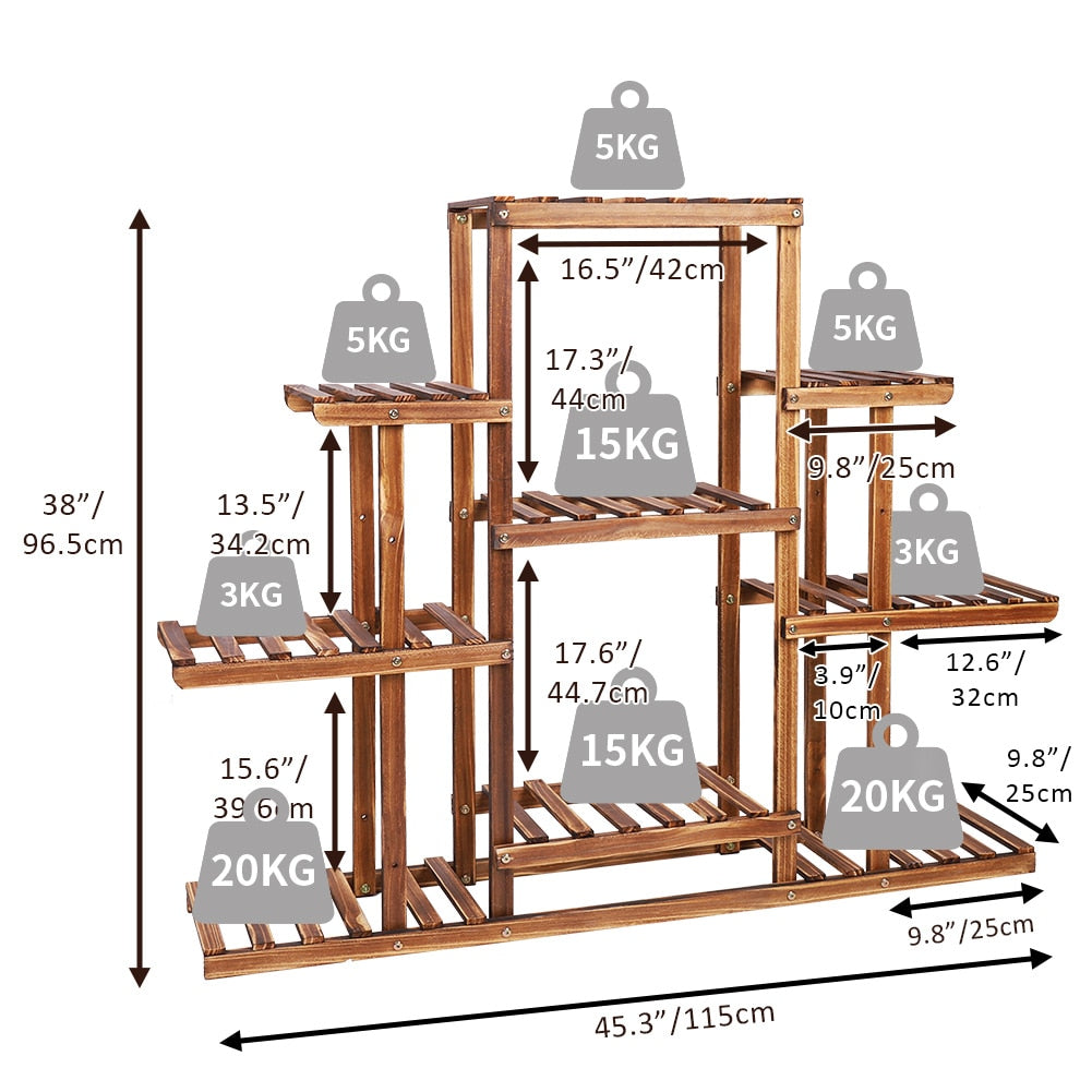 Indoor 9 tier wooden plant stand showcasing various plants, made of solid pine wood with a natural brown finish.