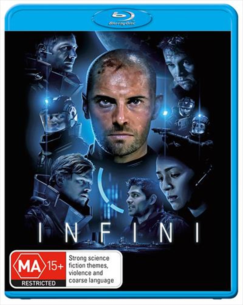 Infini Blu-ray cover featuring an elite rescue team in a futuristic setting with a dramatic space backdrop.