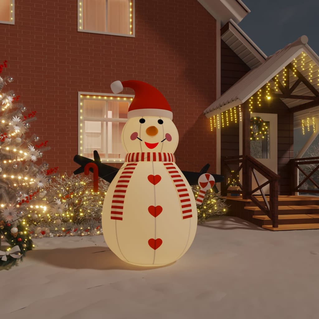 A large inflatable snowman with colorful LED lights, standing 250 cm tall, perfect for Christmas decoration in yards or homes.