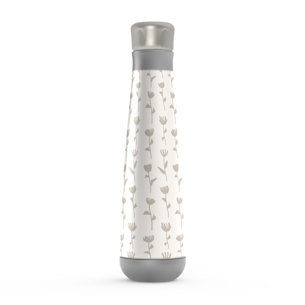 Ink Flower Water Bottle made of stainless steel with a floral design, featuring a screw-on lid and vacuum insulation.