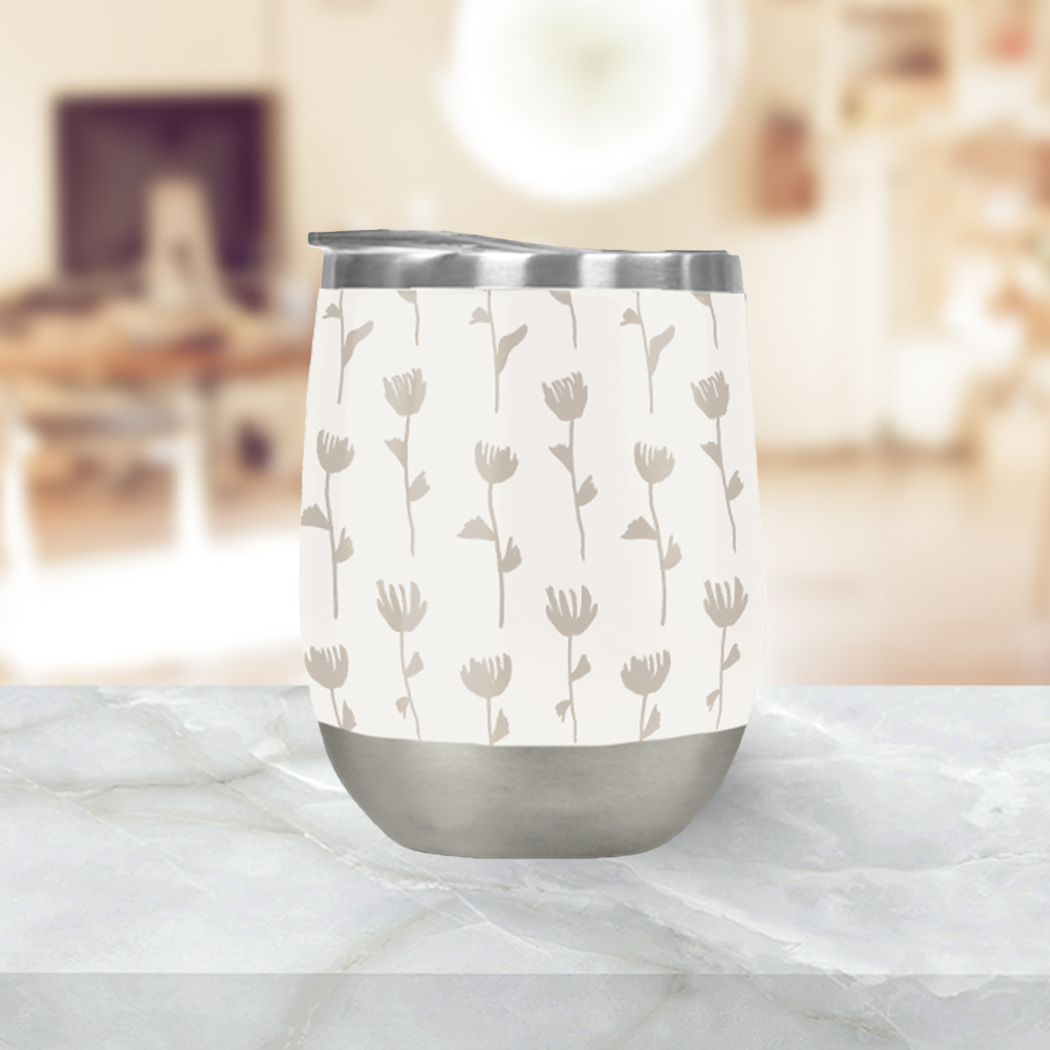 Ink Flower Wine Tumbler with double-wall insulation, featuring a vibrant floral design, perfect for outdoor use.