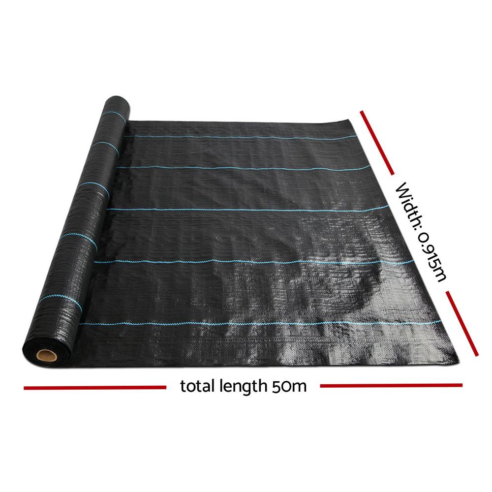 Instahut 0.915m x 50m Weed Control Mat, black woven fabric designed for effective weed suppression in gardens.