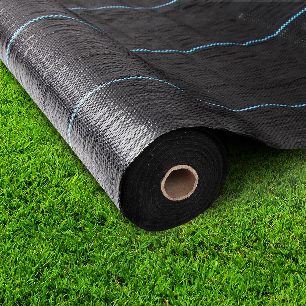 Instahut 0.915m x 50m Weed Control Mat, black woven fabric designed for effective weed suppression in gardens.