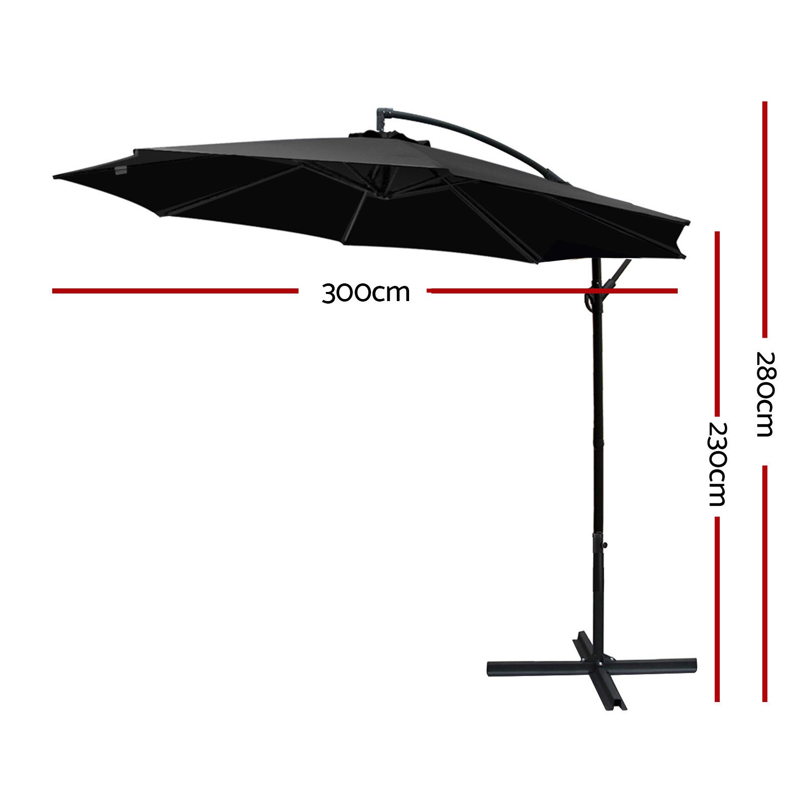 Instahut 3M Cantilevered Outdoor Umbrella in black, showcasing its large canopy and sturdy steel frame, perfect for outdoor shading.