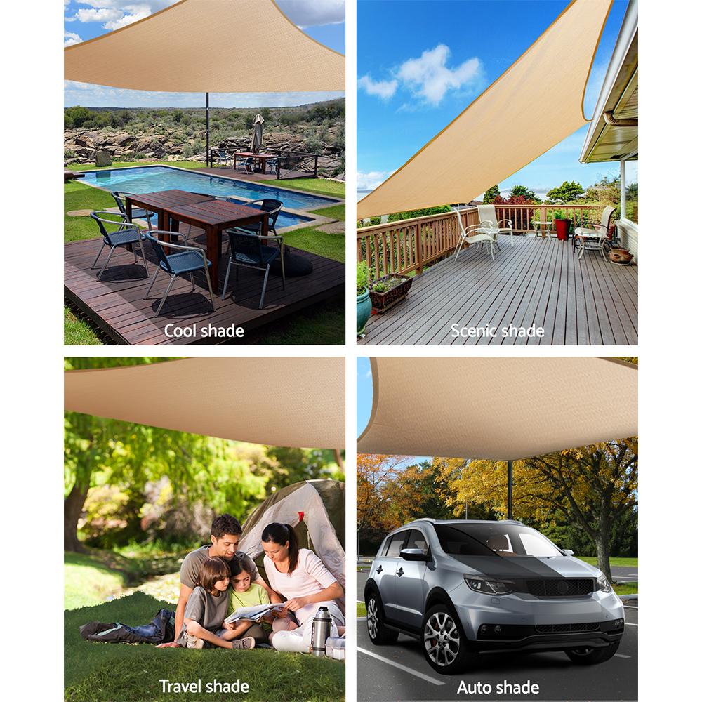 Instahut 6x6m Shade Sail in sand beige, showcasing its durable fabric and stainless steel buckles, ideal for outdoor sun protection.