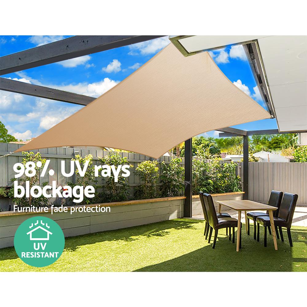 Instahut 6x6m Shade Sail in sand beige, showcasing its durable fabric and stainless steel buckles, ideal for outdoor sun protection.