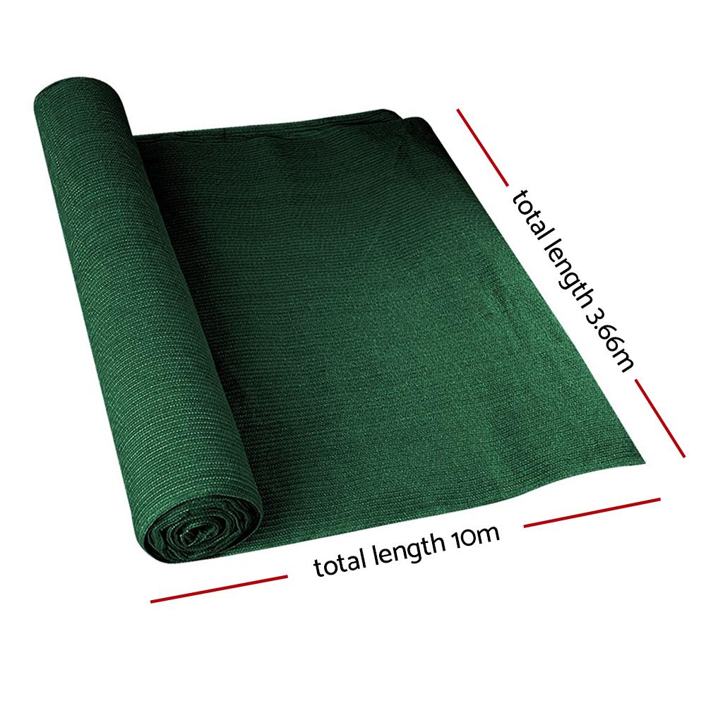 Instahut 90% Sun Shade Cloth Roll, green UV-stabilized HPDE fabric, measuring 3.66m x 10m, ideal for plant protection.