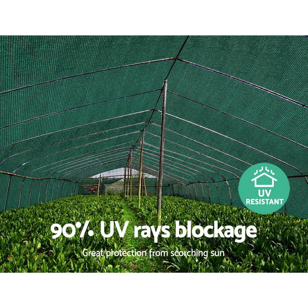 Instahut 90% Sun Shade Cloth Roll, green UV-stabilized HPDE fabric, measuring 3.66m x 10m, ideal for plant protection.