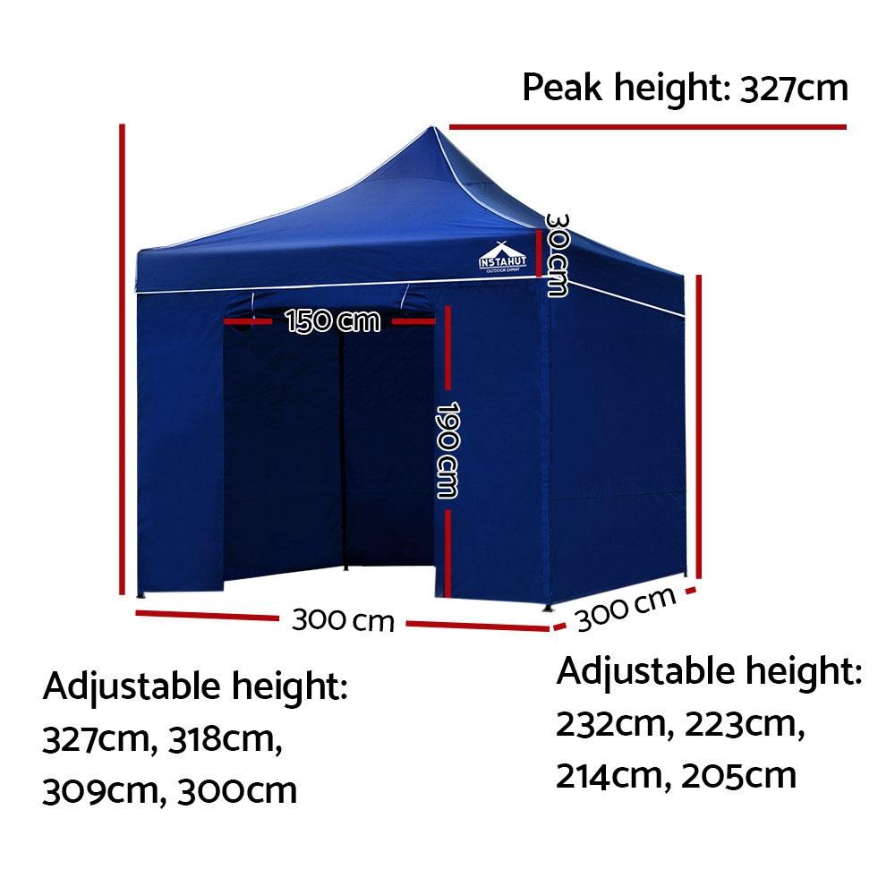 INSTAHUT 3x3m Pop Up Gazebo with blue PVC coated oxford fabric, showcasing its sturdy frame and adjustable height features, ideal for outdoor events.