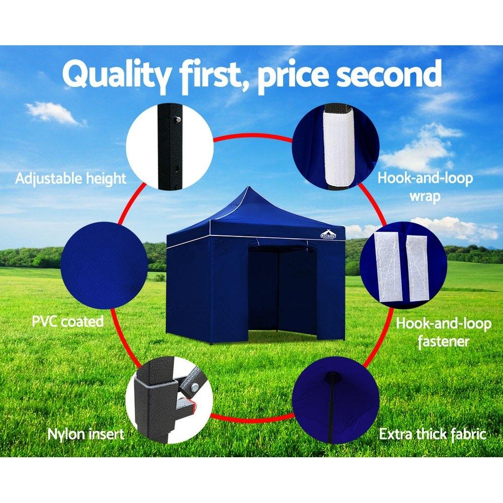 INSTAHUT 3x3m Pop Up Gazebo with blue PVC coated oxford fabric, showcasing its sturdy frame and adjustable height features, ideal for outdoor events.