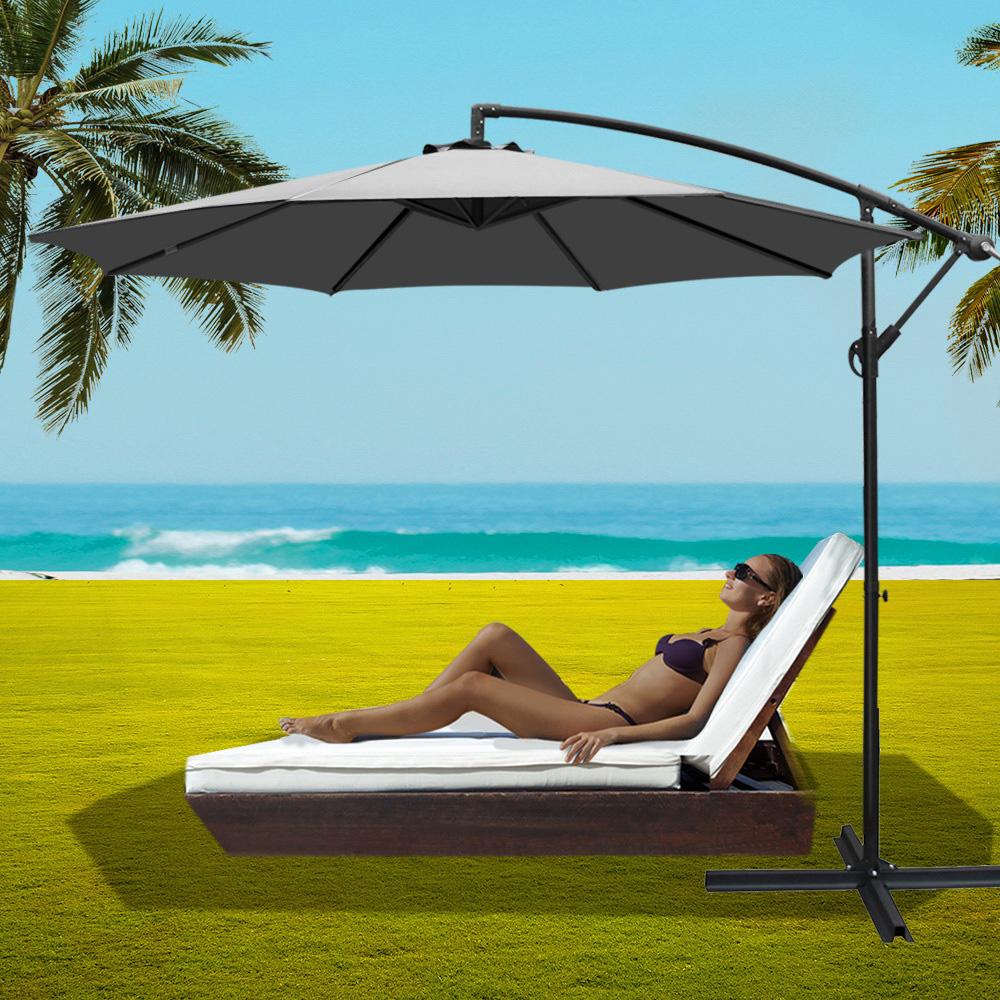 Instahut 3M Cantilever Outdoor Umbrella in grey, showcasing its stylish design and spacious shade area, perfect for gardens and patios.