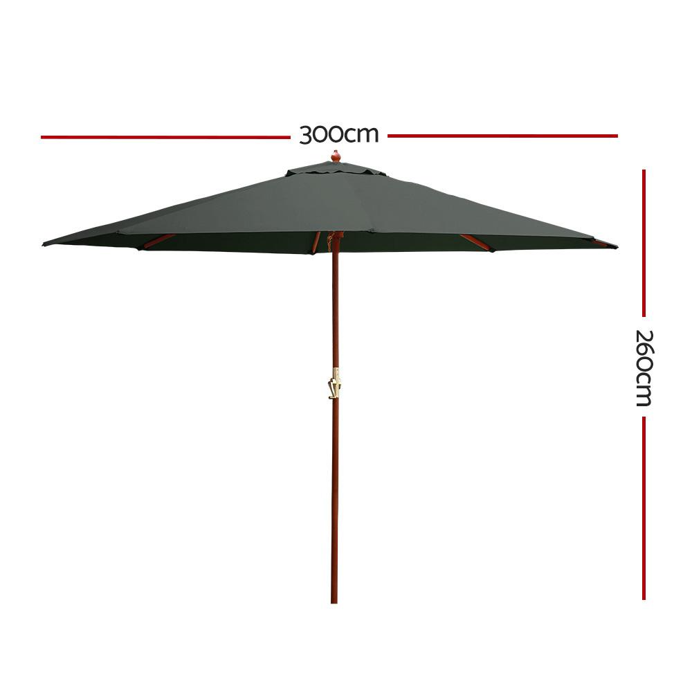 Instahut Outdoor Umbrella with a 3m diameter, featuring a durable wooden frame and waterproof, UV-resistant fabric in charcoal color.