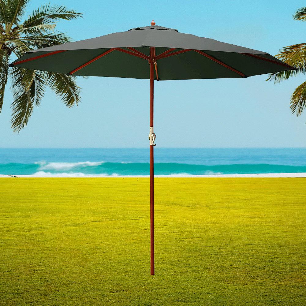 Instahut Outdoor Umbrella with a 3m diameter, featuring a durable wooden frame and waterproof, UV-resistant fabric in charcoal color.