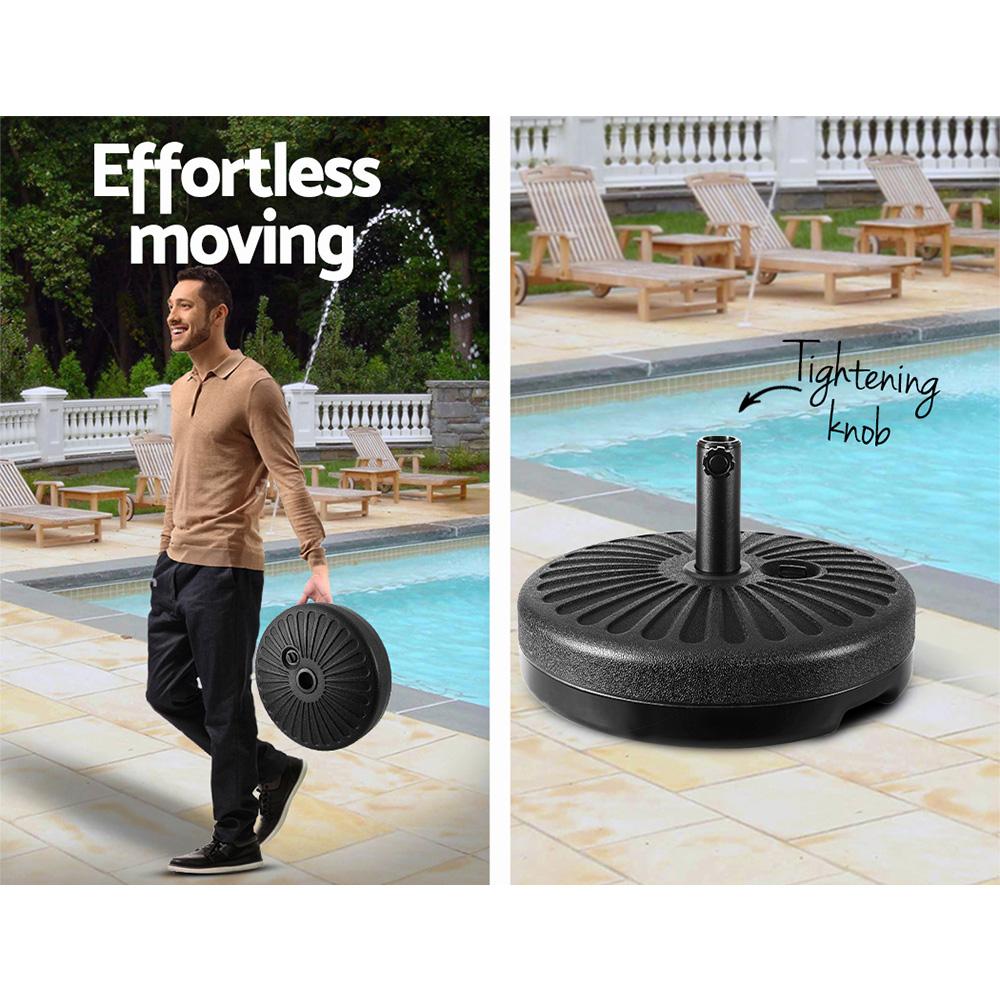 Instahut Outdoor Umbrella Base Stand made of heavy-duty PE plastic, designed for stability and ease of use, filled with water for added weight.