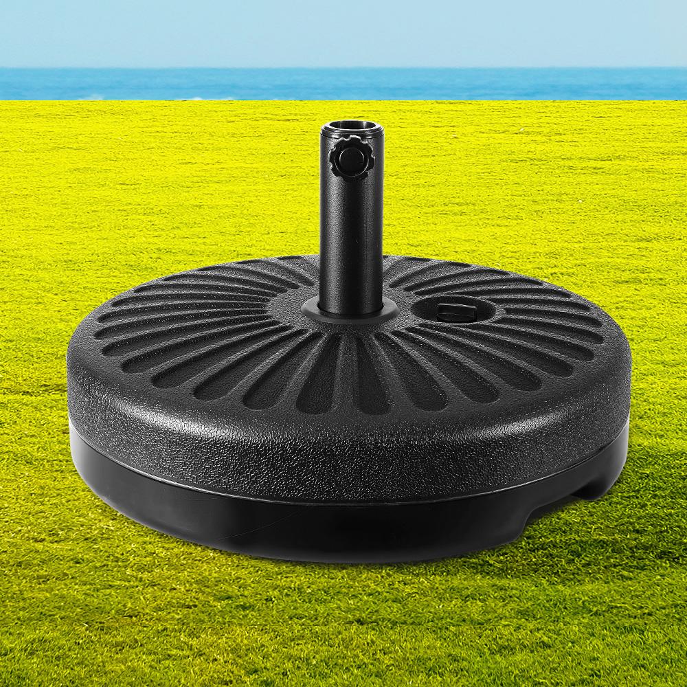 Instahut Outdoor Umbrella Base Stand made of heavy-duty PE plastic, designed for stability and ease of use, filled with water for added weight.