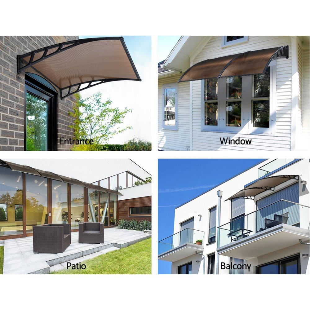 Instahut Window Door Awning showcasing a stylish brown polycarbonate panel with black brackets, ideal for outdoor protection.