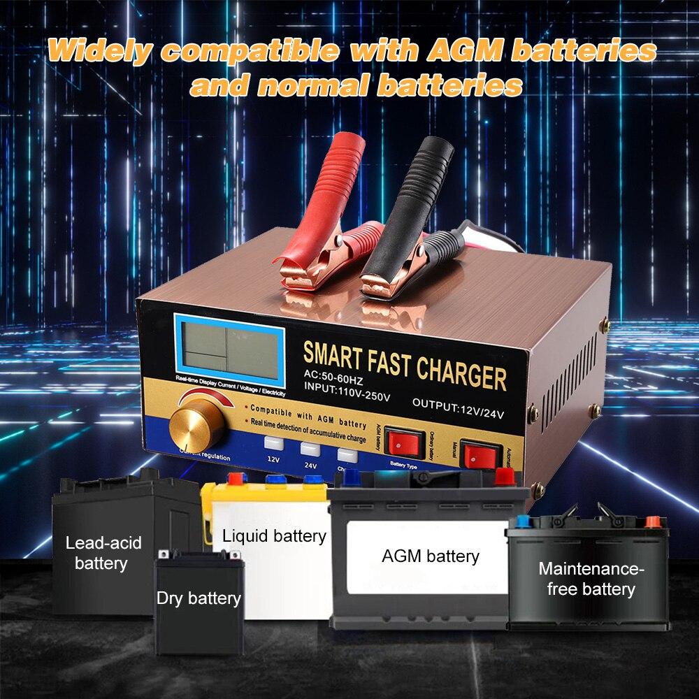 Intelligent Automatic Battery Charger 12V/24V with digital display and compact design for car and motorcycle batteries.