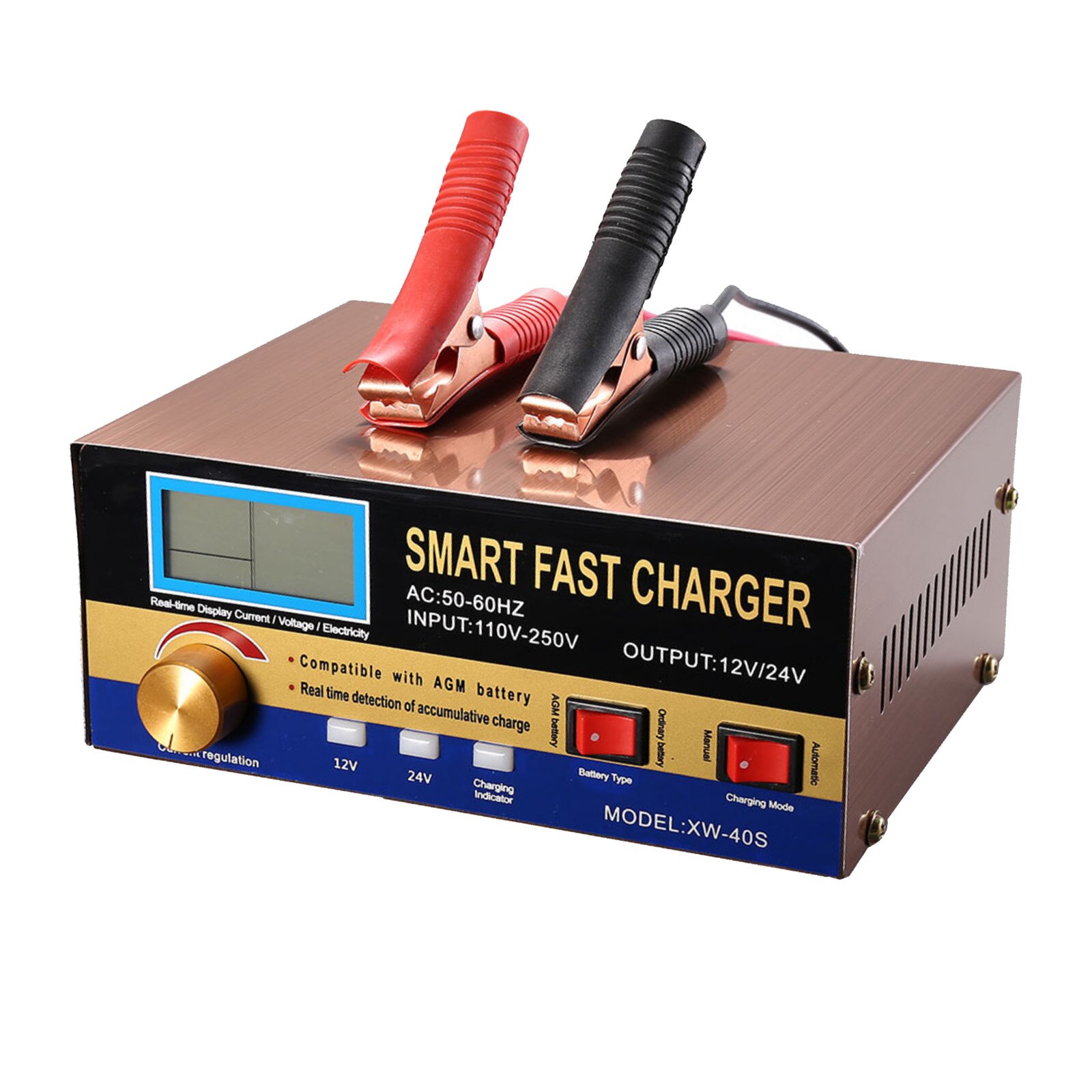 Intelligent Automatic Battery Charger 12V/24V with digital display and compact design for car and motorcycle batteries.