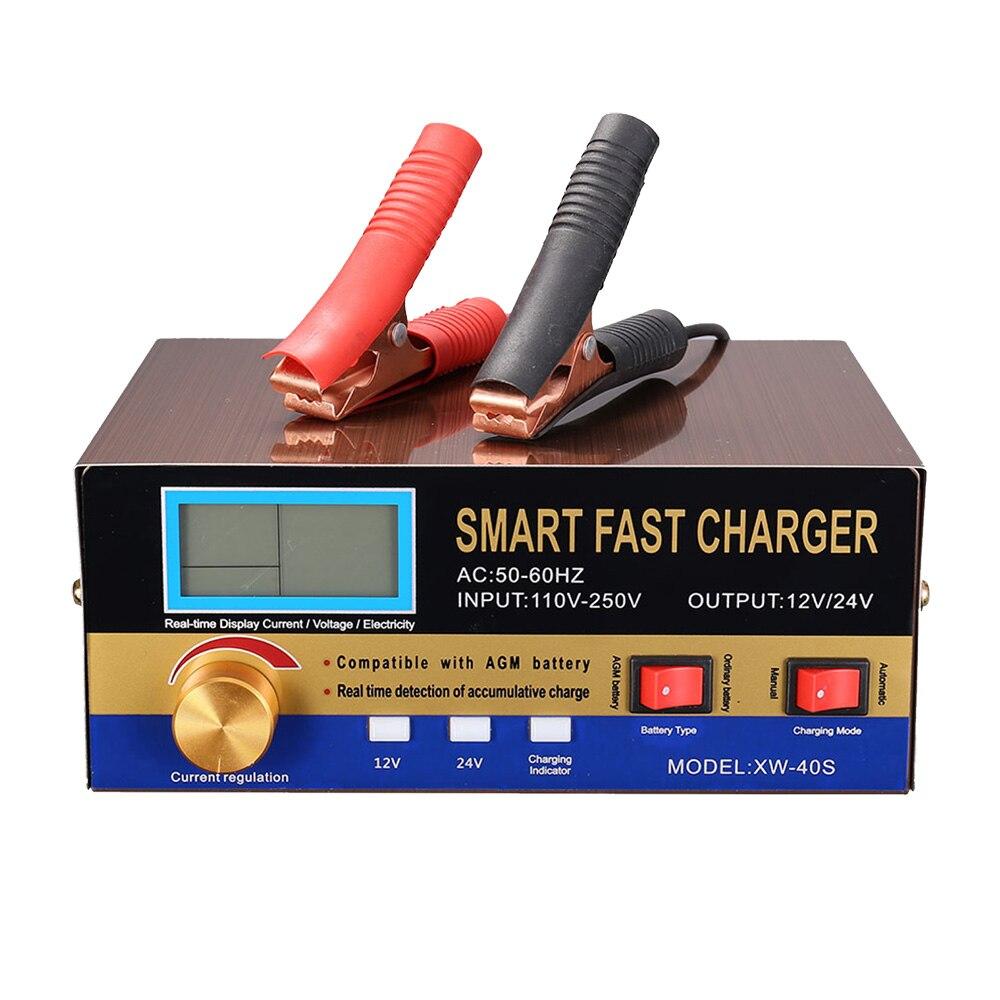 Intelligent Automatic Battery Charger 12V/24V with digital display and compact design for car and motorcycle batteries.