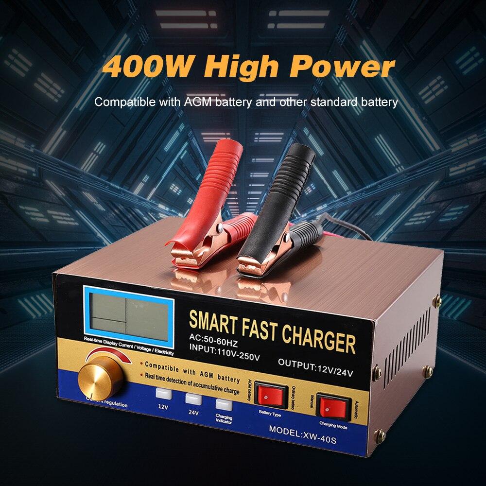 Intelligent Automatic Battery Charger 12V/24V with digital display and compact design for car and motorcycle batteries.